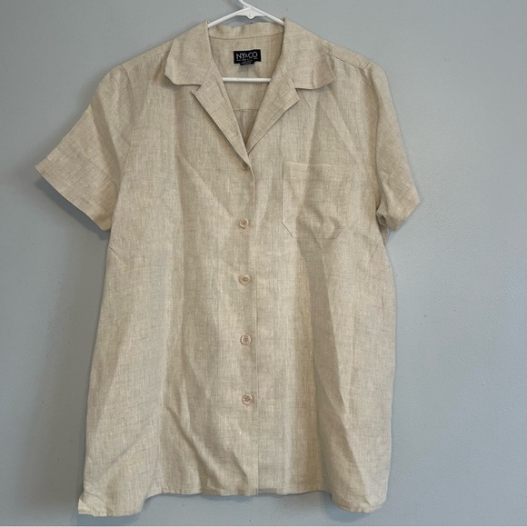 Ny&CO Mens 100% Linen Button Up Shirt Short Sleeve Beige Sz L Neutral Nautical - Picture 1 of 10